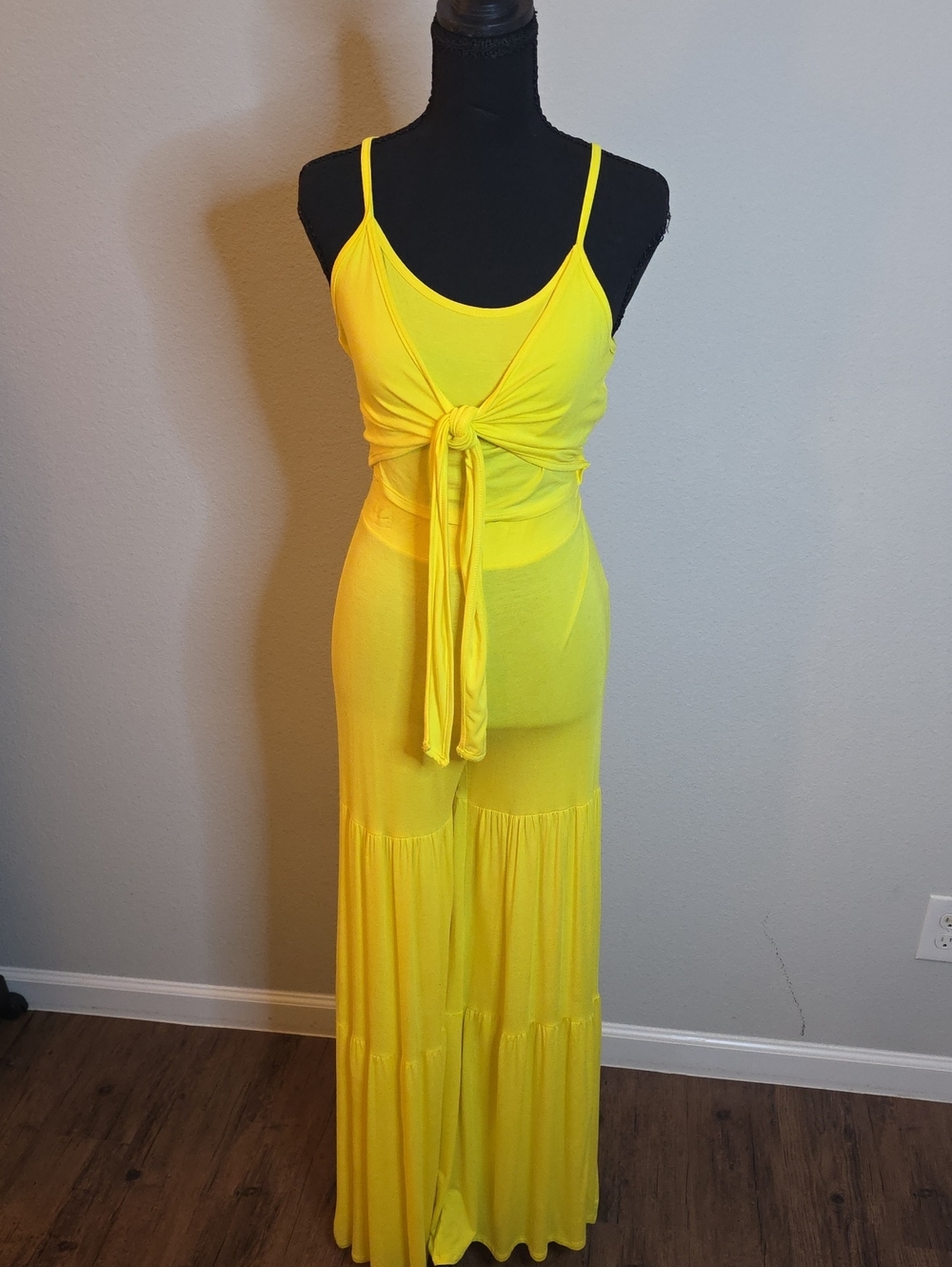 Two-Piece Yellow Spaghetti Tie-Front Top w/ Wide-Leg Pants